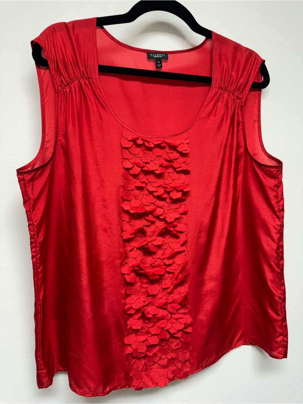 Talbots Red  lightweight silk Sleeveless Top with Front Ruffle Detail , size 14